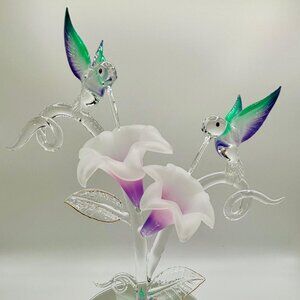 Hummingbirds with Lavender Lilies Glass Figurine on Mirror Floral Nature Decor